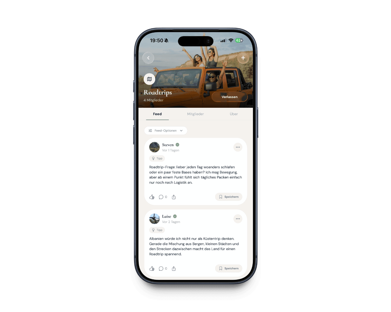 OURTRIP Roadtrip-Community mit Fragen zur Reiseplanung und Tipps von Mitgliedern im iPhone-Mockup