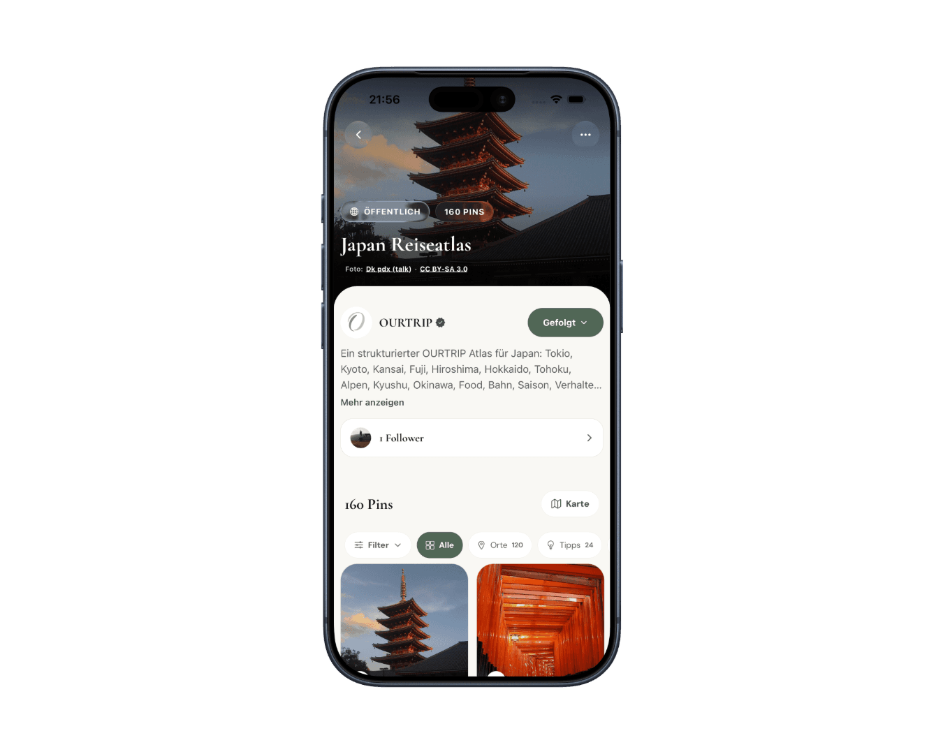 OURTRIP Board mit gespeicherten Reiseorten im iPhone-Mockup