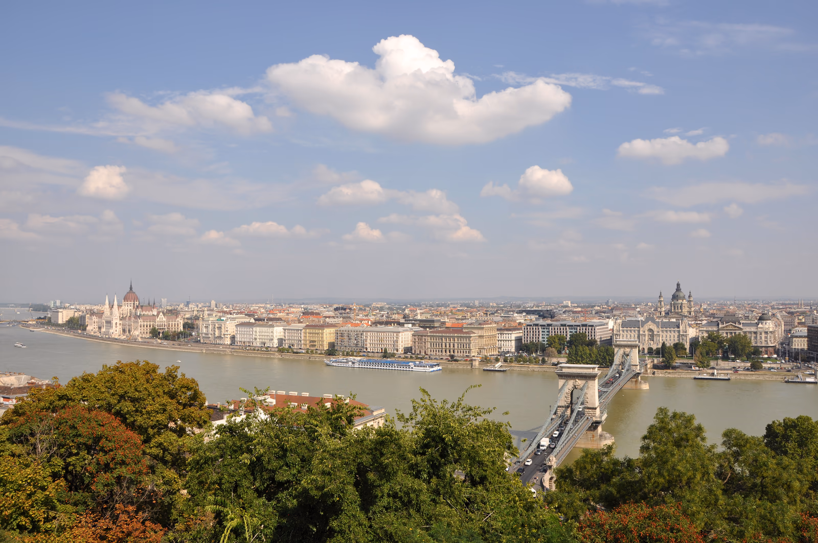 Panorama von Budapest mit Donau, Kettenbrücke und Parlament