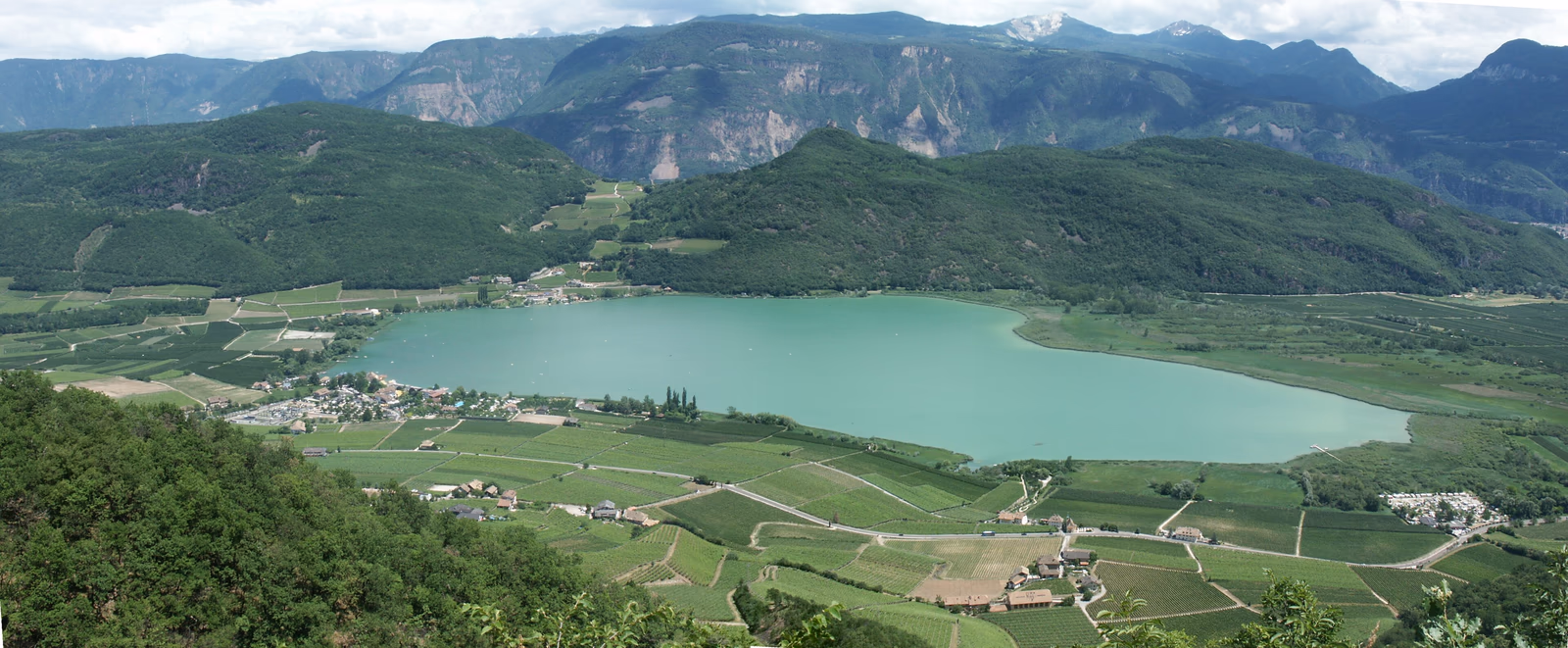 Kalterer See und umliegende Weinberge von Altenburg aus gesehen